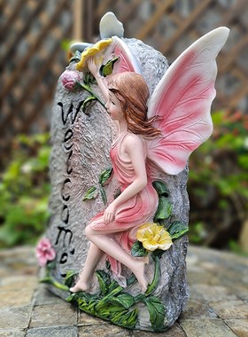 花园庭院装饰摆件l小仙女欢迎牌树脂阳台露台院子家居造景观装饰