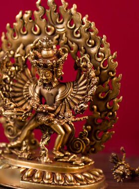 尼泊尔手工居家桌面全鎏金时轮金刚铜像摆件带背光5寸