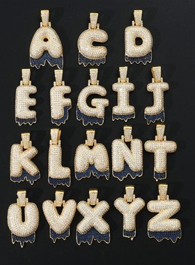 欧美嘻哈锆石气泡字母吊坠双色个C性创意拼接情侣蓝色熔岩字母吊