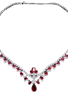 豪华镶钻高端重工奢o华长款套链 欧美鸽血红宝石宴会订婚新娘项链