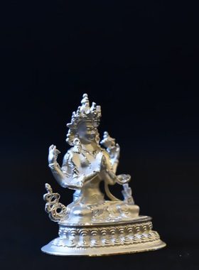 999足银随身佛口袋佛密宗尼泊尔四臂观音佛银居家精品摆件铜像