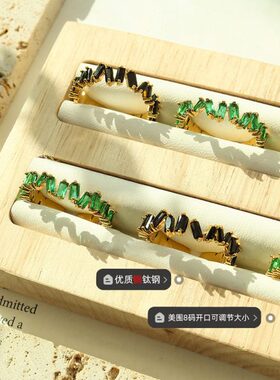 高级感满钻镶嵌食指环 欧美冷淡风绿黑锆石铜材质戒指饰品289