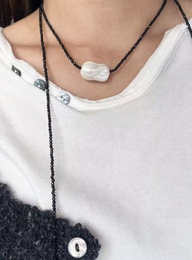 天然大巴洛克珍珠黑尖晶长项链新款轻奢小众设计高级感锁骨链颈链