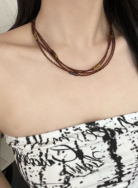 棕色串多层珠项链女小众设计感锁骨链颈链配饰设计感夏季新款时尚