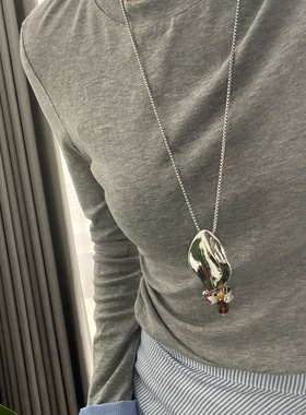 小众设计金属链条项链女彩色串珠吊坠不对称高级感百搭长款毛衣链