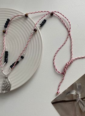 波西米亚风手工串珠粉色编织打结银色贝壳吊坠项链女长款毛衣链