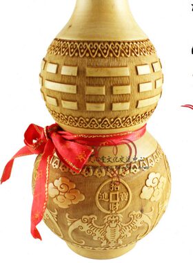 雕刻 开口 桃木 葫芦 工艺品 17cm 五福临门 招财 摆件