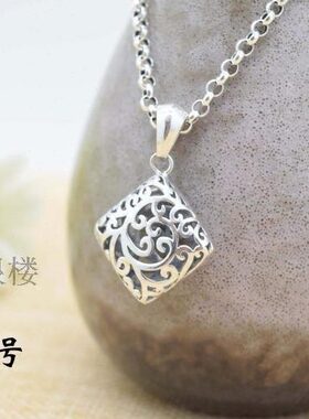 S925纯银毛衣链女复古泰银镂空菱形吊坠方形几何形挂坠四方来财
