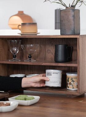 黑胡桃木桌面置物架实木双层茶室书桌收纳架新中式杂物储物架