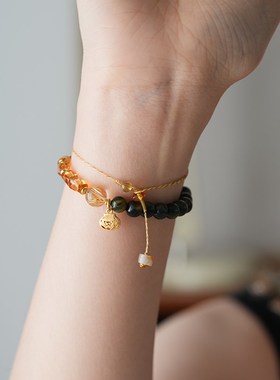 shannai原创璟灿新中y式琥珀黄水晶绿松石手链编绳可调节手绳