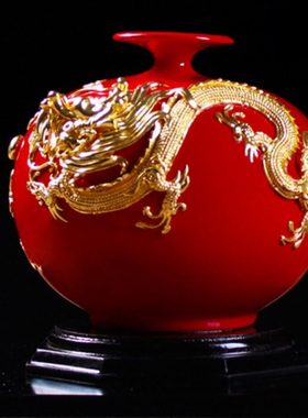 中国红漆线雕  高档的双龙天地方圆高端客厅摆件 陶瓷礼品