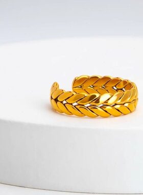 钛钢金色麦穗麻花个性戒指高级感不掉色开口可调节情侣食指环礼物