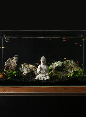 禅意复古佛像创意假山鱼缸装饰桌面盆景微景观水陆缸造景佛头摆件