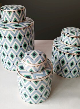 欧式家居酒柜装饰摆件收纳家庭创意陶瓷四方罐圆形罐摆设工艺品