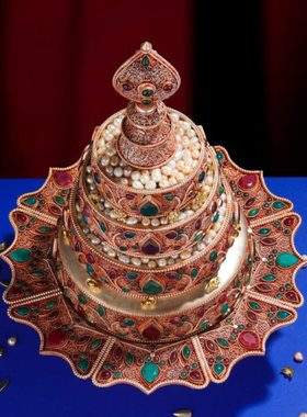 尼泊尔纯铜掐丝曼扎盘手工曼达盘曼茶罗供曼扎托盘全套12.5cm