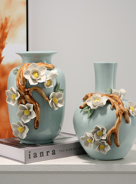 新中式陶瓷手f工花瓶摆件玄关客厅电视柜插花小瓷瓶轻奢高档装饰