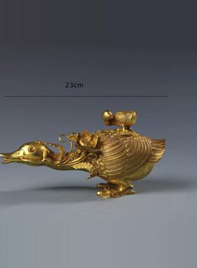 古典收藏摆件古法手工铸造铜鎏金鸭形注水壶錾刻精美