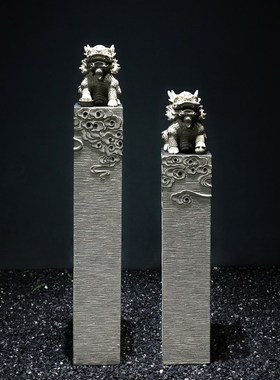 玄关摆件入户门装饰办公室仿石雕麒麟貔I貅落地狮子一对中式拴马