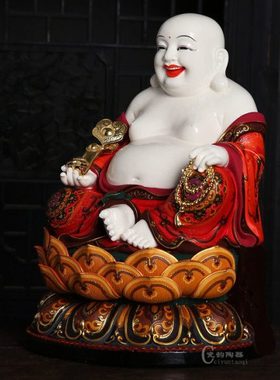 陶瓷厚重庄严极彩如意拿珠弥勒佛摆件 彩色坐莲笑脸弥勒家居摆件