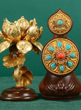 藏村 八桌面前八吉祥供水杯酥油油灯烛台朵玛海螺全铜桌面摆件