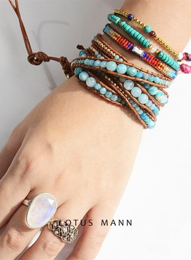 lotus mann地球蓝 异极矿系G列手链 5圈混合银珠皮绳手链