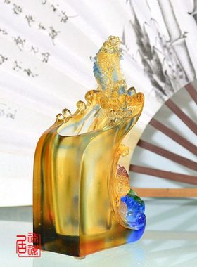 鱼跃高升琉璃笔筒办公室书桌面现代简约工艺品送老师老板商务礼品