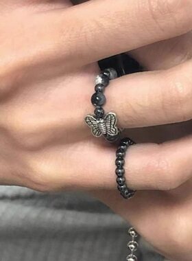 韩国小众 天然原石蝴蝶暗黑灰串珠拼接戒指搭配指环 三件套