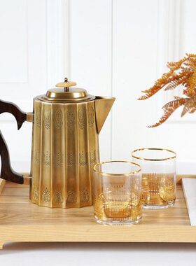 费灵家居进口黄铜手工雕花实木把手水扎轻奢冷水壶铜制壶装饰摆件