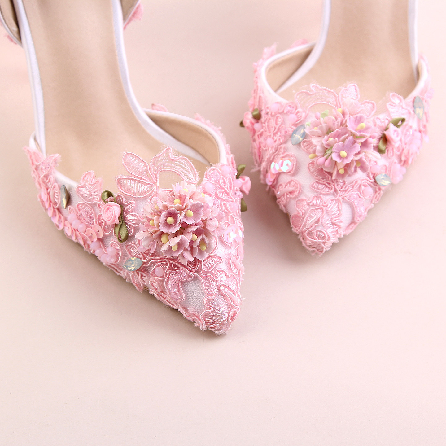 原创甜美洛丽塔粉色珠蕾丝亮片花朵流苏尖头中空细高跟女鞋新娘婚,淘宝优惠券,粉丝福利购,淘宝优惠卷