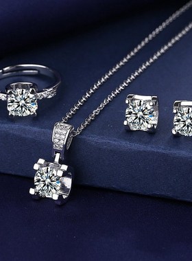 牛头款莫桑钻戒指耳钉项链套装女 送礼仿莫桑石O925银首饰节日礼
