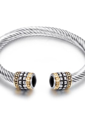 欧美复古钛钢扭线间金10MM双色镶钻电缆线不锈钢T个性百搭手镯