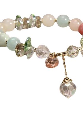 ins韩版甜美少女心粉水晶手链 单圈时尚女N士白猫眼石手串首饰