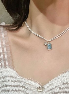 可换6种彩色宝石双层项链方钻璀璨个性I显瘦锁骨链多巴胺项链饰品