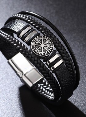 编织皮绳a手链欧美时尚朋克风多层男士手环时尚潮流指南针个性手