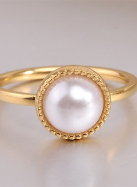 欧美简约10MM时尚花纹镶珍v珠素圈3MM不锈钢戒指百搭个性指环