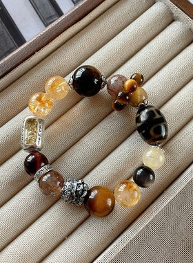 钱途无量藏式三眼珠超七金发晶金银山水T晶手串女虎眼石