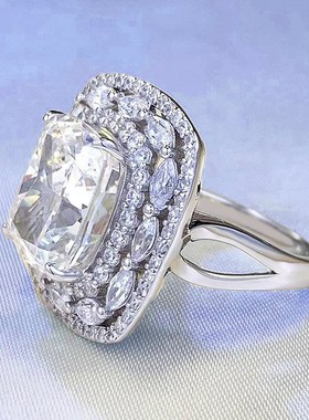 珠宝 2023新款S925银高端10E*12mm高碳钻5克拉冰花切G色戒指