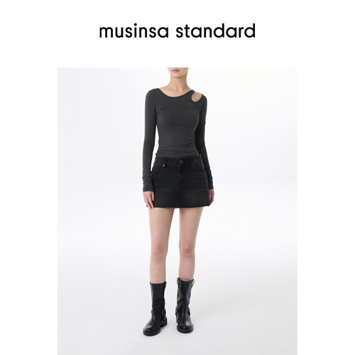 韩国25秋冬女士天丝镂空性感露肩简约长袖T恤musinsa standard - 图0