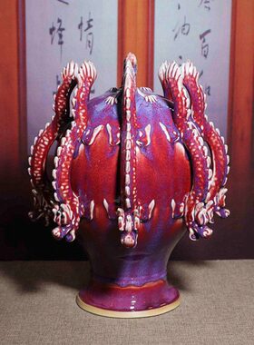 禹州钧瓷花瓶古典中式家居办公室台面工艺品陶瓷器装饰摆件九龙尊