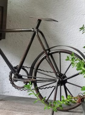 做旧铁艺工业风自行车摆件 复古风园艺脚踏车实木花盆架装饰品