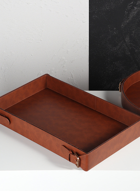 现代欧式皮革圆形托盘摆件茶几样板房间客厅软装T饰品轻奢玄关收