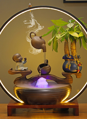 创意中式禅意流水喷泉摆t件招财灯圈倒流香炉办公室玄关客厅景观