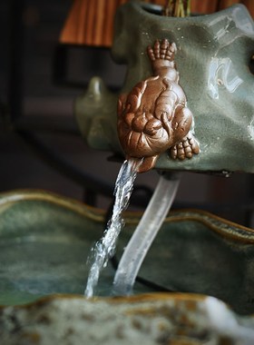 陶迷家居可爱小型客厅陶瓷鱼缸流水器活水养鱼摆件陶瓷喷泉静水泵