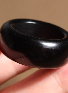 方言和田玉收藏级新疆老料黑羊脂美人髻墨玉籽料宽条戒指扳指P