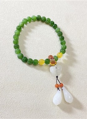 天然俄罗斯碧玉莲花珠q原创搭配款手链 搭配青海白玉女款玉石