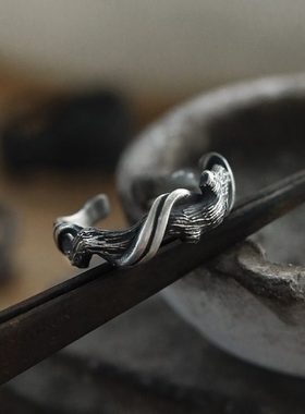 手工打造《浮木》戒指男女款复古风做旧指环开口可调节个性尾戒男