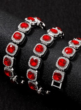 新款欧美嘻哈男士红色玻o璃12mm古巴手项链冰糖链HipHop潮流男配