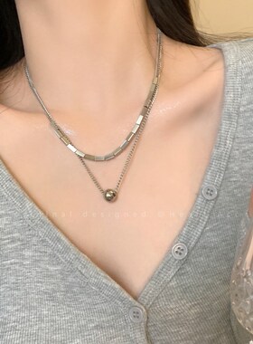 双层钛钢圆珠方块l项链配饰男女不掉色高级感卫衣链简约百搭毛衣