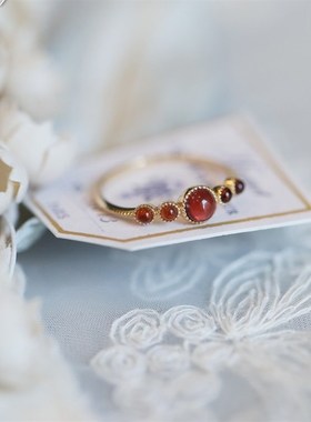 跨境玫瑰花束 j日系显白天然酒红石榴石轻奢浪漫女戒指大气外贸款