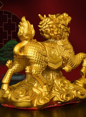黄铜财福麒麟摆件元宝火麒麟瑞兽一对乔迁生日送礼铜公母麒麟神兽